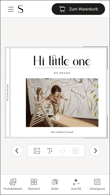 The same photobook in a mobile workspace, with the creation centered above editing tools