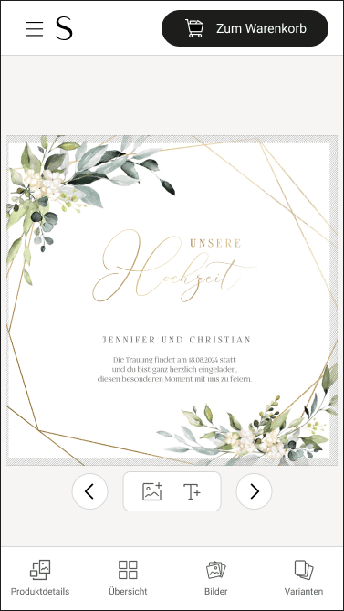 Mobile invitation editor showing a floral wedding card with controls to add an image or text