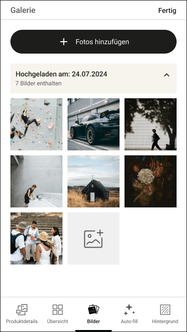 Mobile photo gallery with uploaded photos grouped by date and a prominent add photos button