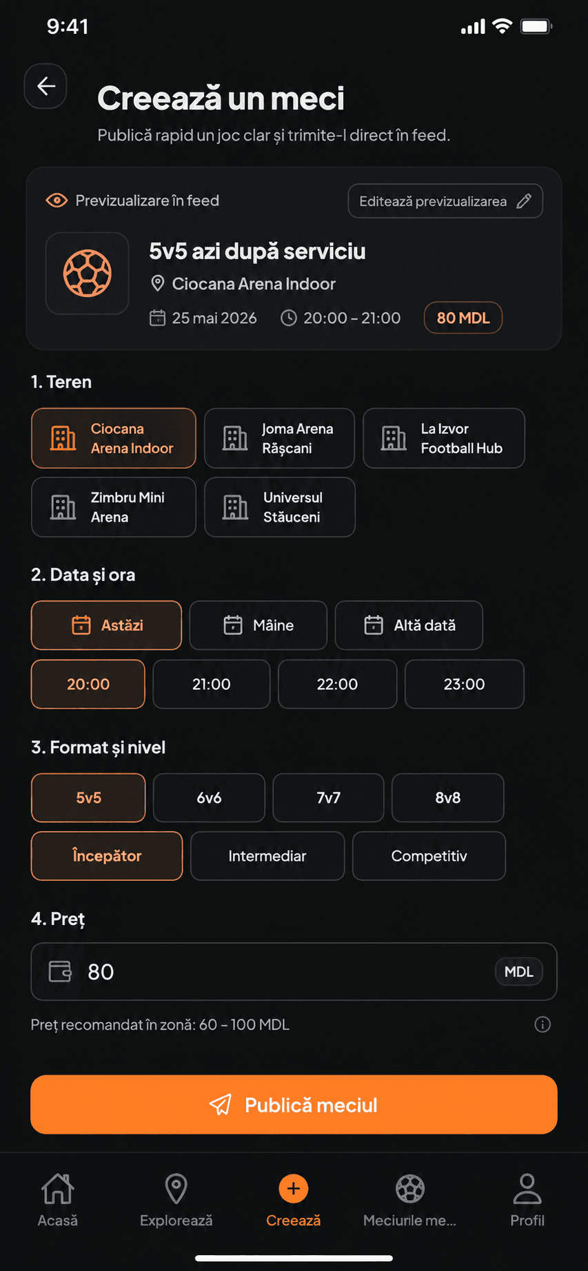 Vreau să Joc create-match flow with field, date, format, level, and price options